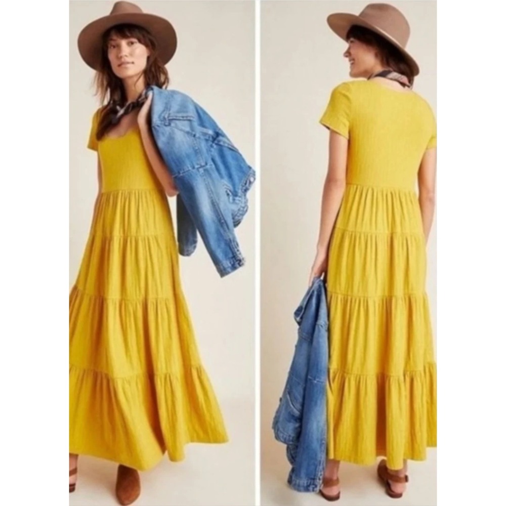 Maeve Anthropologie Gillian Tiered Maxi Dress Mustard Yellow Scoop Neck Small